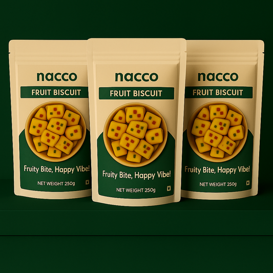 Three packages of nacco Fruit Biscuit on a green background